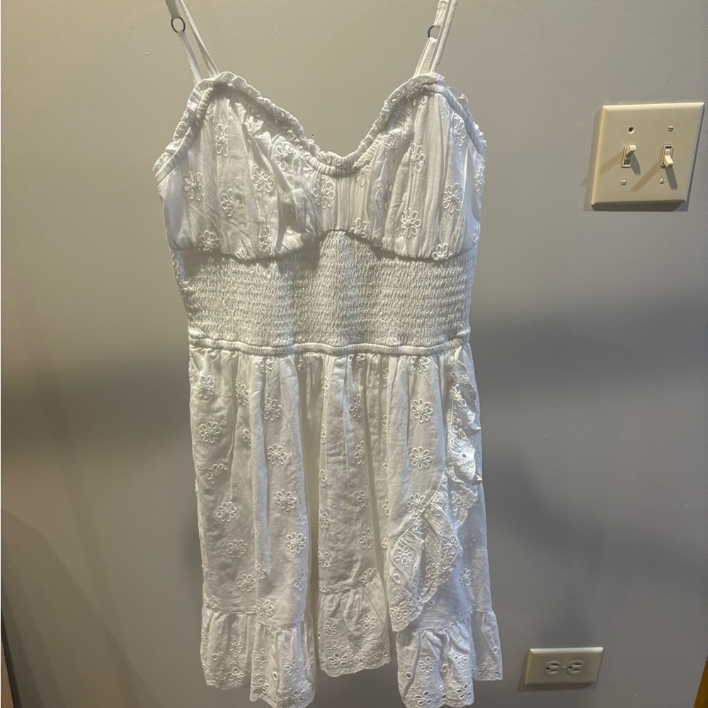 white hollister mini dress with cute eyelet design flowers
